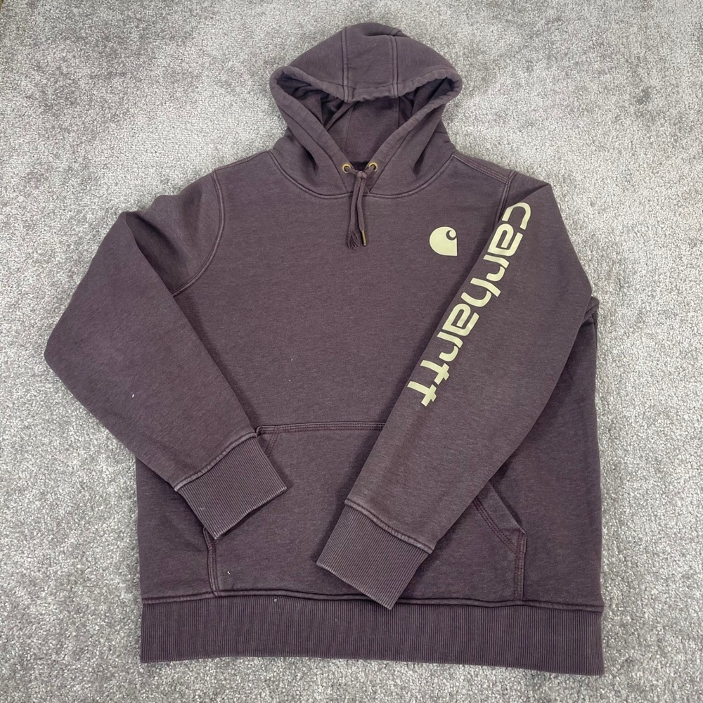 Carhartt Hoodie Womens Large 12 14 Relaxed Fit Sweatshirt Logo Spellout Sleeve
